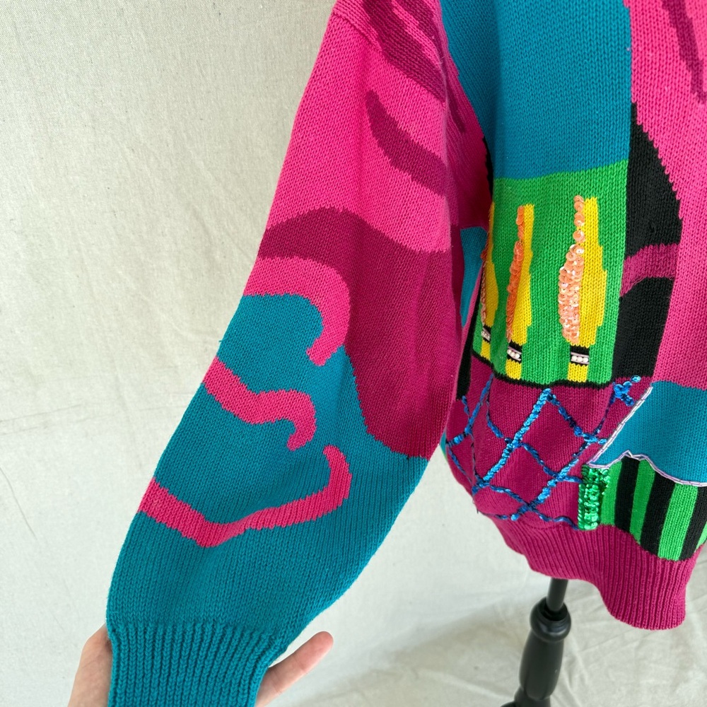 Vintage Cedars 80s Pink/Colorful Abstract Sequin Knit Sweater Size M - Picture 3 of 8